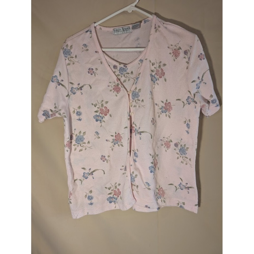 Carolyn Taylor Pink Floral Button Front Short Sleeve Top Size Large - Picture 1 of 3